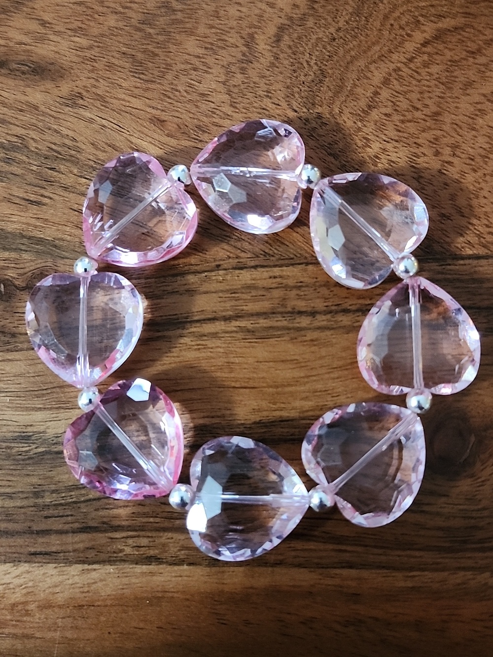 Handmade Pink Crystal Heart and Silver Plated  Beaded Bracelet